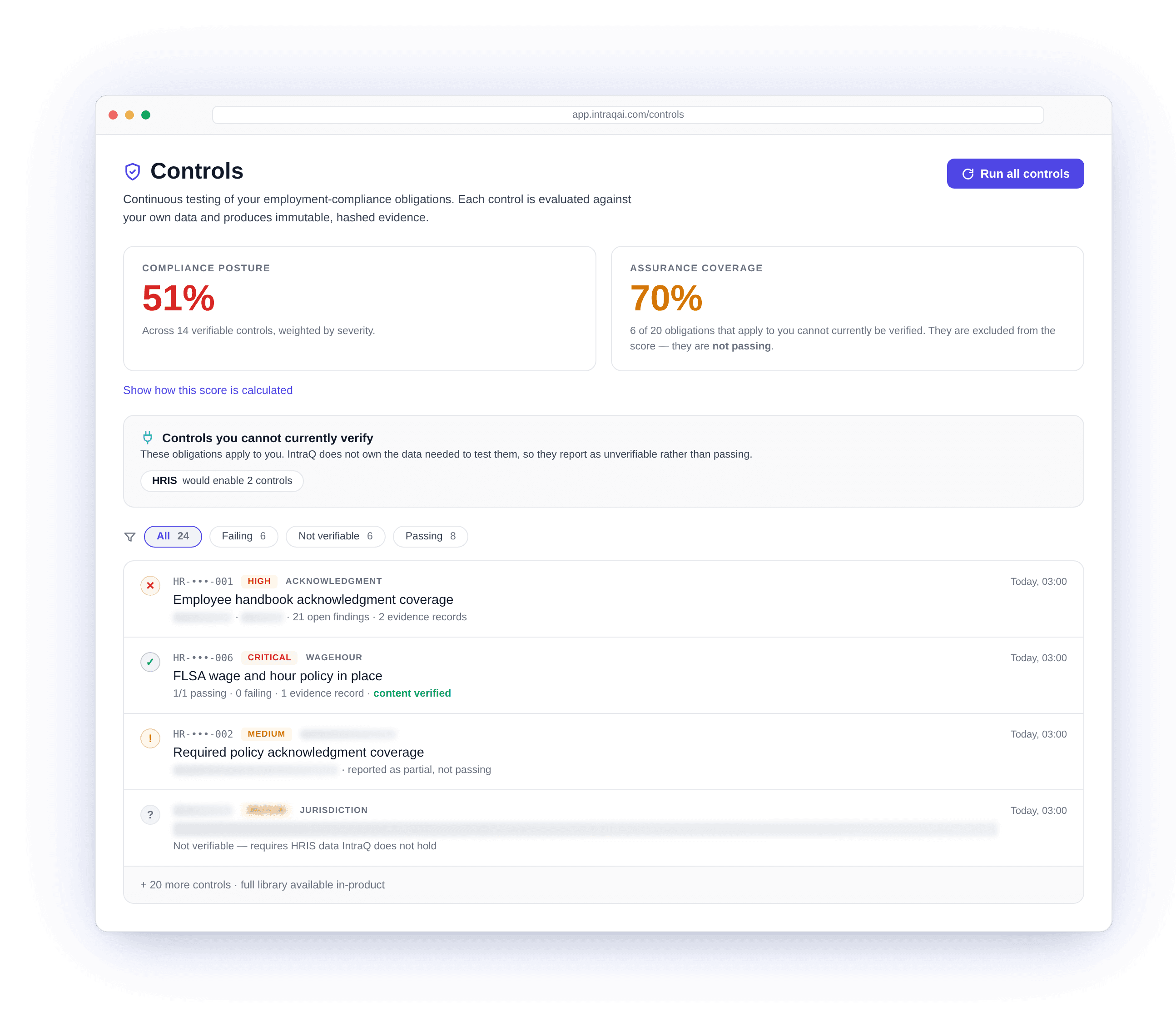 Controls dashboard showing compliance posture beside assurance coverage